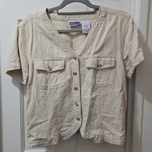 ERIKA & CO Vintage Beige Tan Linen Cotton Short Sleeve Button Down Top Shirt M